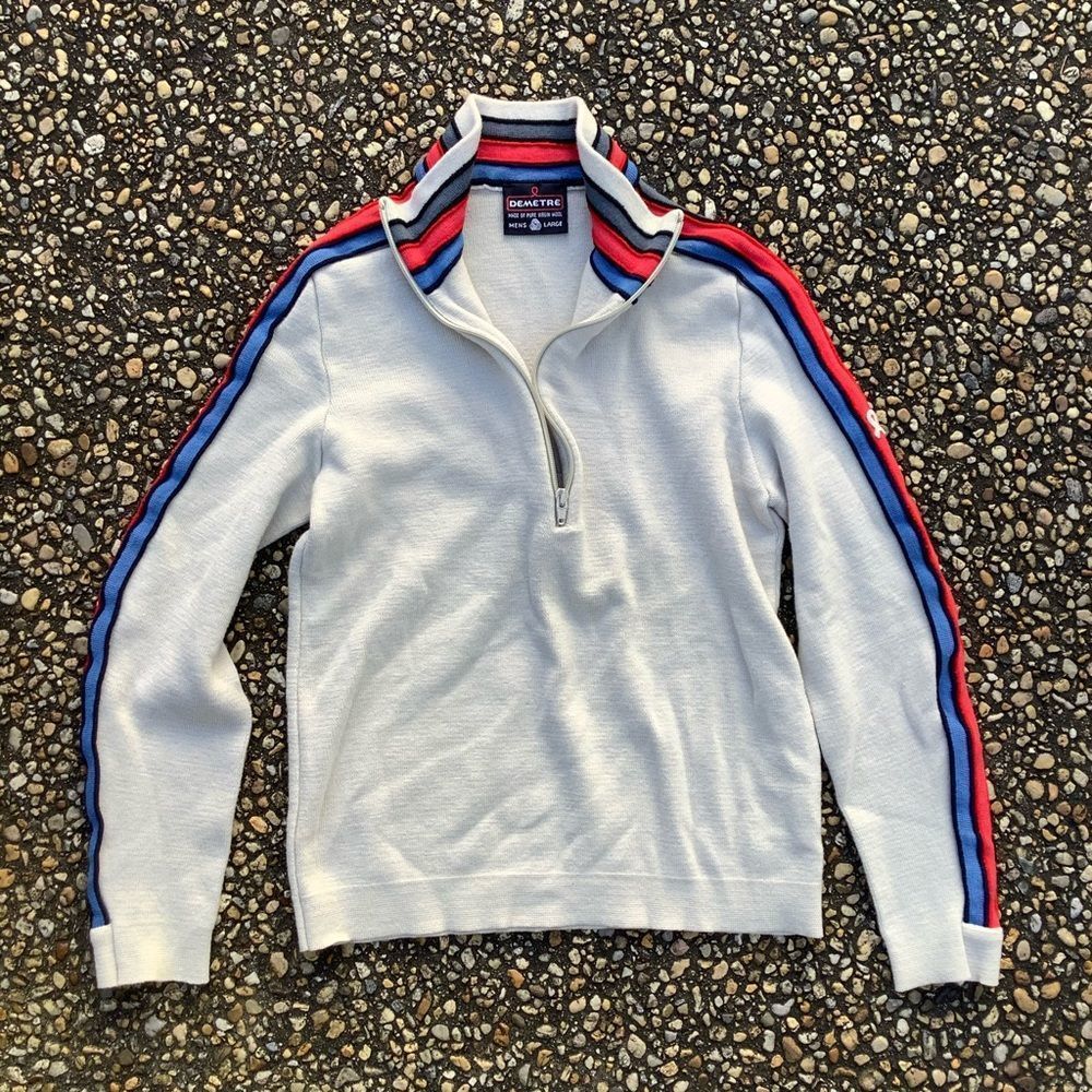 Demeter White Zip-Up Sweater with Red and Blue Accents
